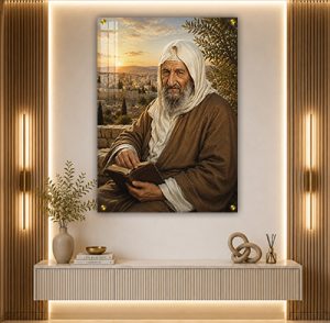 1214 – ציור של בבא סאלי מחזיק ספר תורה על רקע ירושלים בשקיעה
