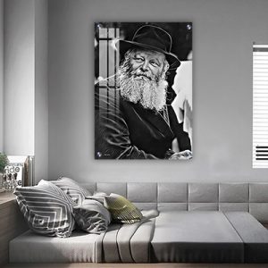 519 – ציור מיוחד של הרבי מליובאוויטש מביט הצידה בשחור לבן על זכוכית או קנבס