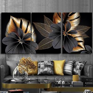 P-3 סט תמונות פרחים שחור וזהב על קנבס או זכוכית