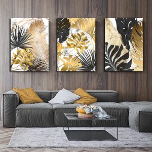 P-7 סט שלישיית תמונות עלים בזהב ושחור