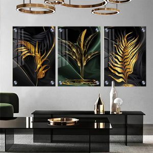 P-9 סט תמונות פרחים עלים בזהב על קנבס או זכוכית