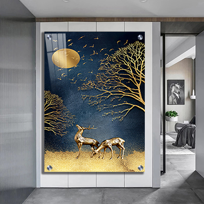 N-21 ציור מופשט של איילים ועצים בזהב על קנבס או זכוכית