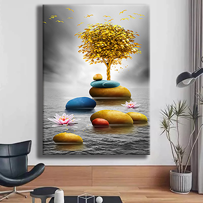 N-31 ציור נוף מיוחד עם חלוקי נחל ועץ מזהב