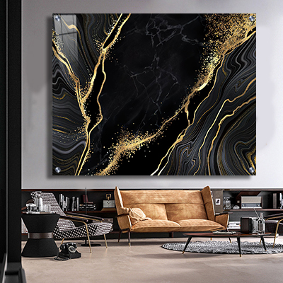 AB-34 תמונת אבסטרקט יוקרתית ומודרנית עם אפקט שיש וזהב על זכוכית או קנבס