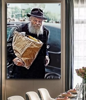 520 – ציור בלעדי של הרבי מליובאוויטש מחזיק שקית חומה