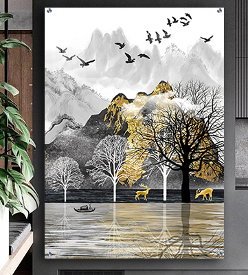 N-32 ציור מיוחד אבסטרקט משולב נוף עם איילים וציפורים עם נגיעות זהב