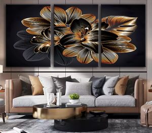 P-29 סט שלישיית תמונות פרחים שחור וזהב על קנבס או זכוכית