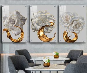 P-38 סט שלוש תמונות פרחים בתלת מימד בגווני לבן וזהב