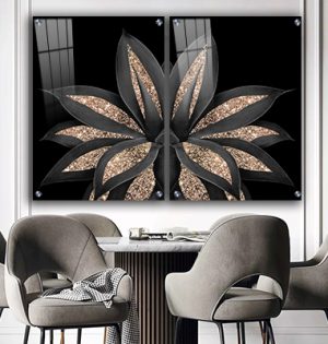 T-14 זוג תמונות מחולקות של פרח בגווני שחור וזהב על זכוכית או קנבס