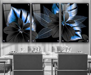 P-48 סט יוקרתי של שלוש תמונות פרחים בשחור וכחול על קנבס או זכוכית מחוסמת