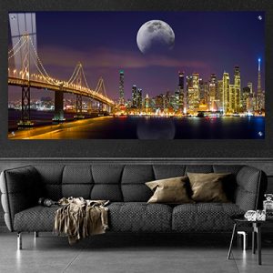 US-14 תמונת נוף של ניו יורק מוארת בלילה להדפסה על קנבס או זכוכית