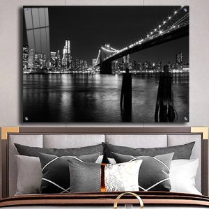 US-16 תמונה של גשר ברוקלין מואר בשחור לבן על קנבס או זכוכית
