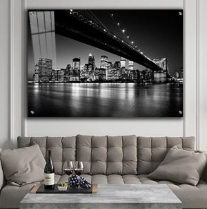US-24 תמונת נוף של ניו יורק מוארת בלילה בשחור לבן על קנבס או זכוכית