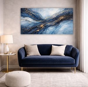 AB-18 תמונת אבסטרקט יוקרתית בגווני כחול וזהב על זכוכית או קנבס