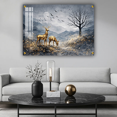 N-16 ציור טבע אבסטרקטי מוזהב עם איילים