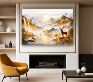 N-5 – ציור מודרני לסלון של איילים בטבע בגווני שמנת זהב