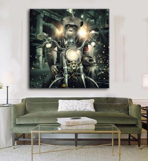 A-505 תמונת זכוכית או קנבס של קוף נוסע על אופנוע לסלון או חדר שינה