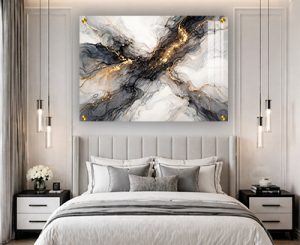 AB-50 תמונת אבסטרקט יוקרתית שחור לבן ונגיעות זהב להדפסה על זכוכית או קנבס