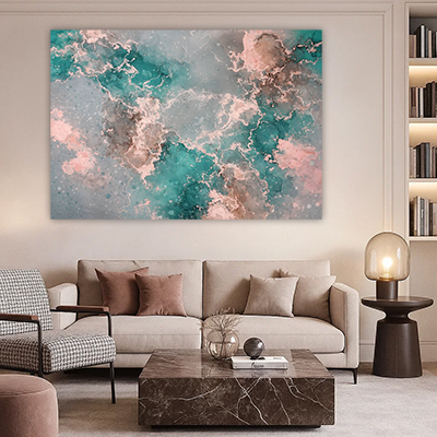 AB-59 תמונת אבסטרקט מודרנית בשילוב גווני ורוד, ירוק ואפור על קנבס או זכוכית