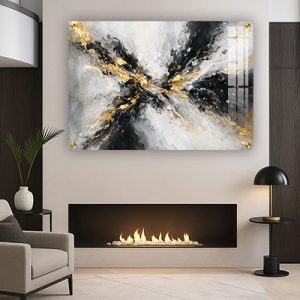 AB-66 תמונת אבסטרקט מודרנית בגווני בשחור לבן זהב על קנבס או זכוכית