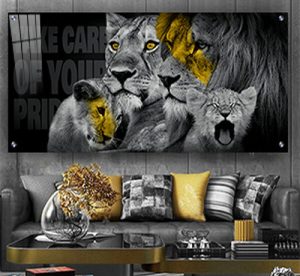 A-60 תמונת זכוכית או קנבס מעוצבת של אריה, לביאה וגורים לסלון או חדר שינה