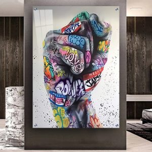 LF-76 תמונת זכוכית או קנבס של יד צבעונית עם כיתוב גרפיטי לסלון או חדר שינה