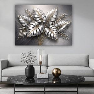 FL-3 – תמונה מודרנית של עלי כסף בתלת מימד על זכוכית מחוסמת או קנבס