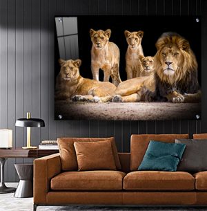 A-84 תמונת זכוכית או קנבס מעוצבת של אריה, לביאה וגורים לסלון או חדר שינה
