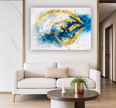 AB-72 תמונת אבסטרקט יוקרתית בגווני כחול, לבן וזהב על זכוכית או קנבס