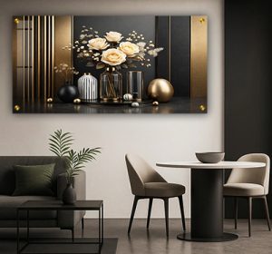 FL-17 – תמונה של אגרטלים ופרחים בשחור זהב לפינת אוכל