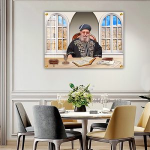 1593 – ציור מיוחד של הרב עובדיה יוסף יושב בחדר על קנבס או זכוכית