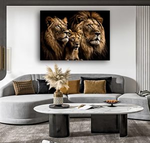A-86 תמונת זכוכית או קנבס מעוצבת של אריה, לביאה וגור לסלון או חדר שינה
