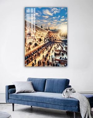 8607 – ציור של הכותל המערבי באור יום עם מתפללים על קנבס או זכוכית