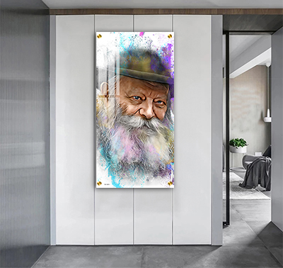 ציור גרפיטי צבעוני של הרבי מליובאוויטש, דיוקן חי ונועז עם גוונים צבעוניים שמביאים שמחה ורוחניות.