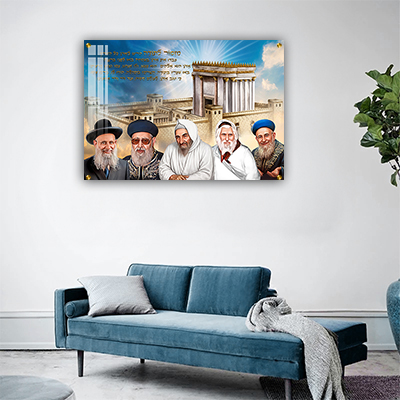 תמונה של רבנים שונים על רקע בית המקדש עם מזמור לתודה בגוון זהב