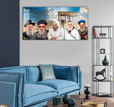 תמונה פנורמית של רבנים על רקע בית המקדש עם מזמור לתודה בזהב