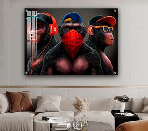 A-516 תמונת זכוכית או קנבס מודרנית של שלושה קופים לסלון או חדר שינה