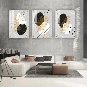 P-129 סט תמונות אבסטרקט עם עלים 3 חלקים על קנבס או זכוכית מחוסמת