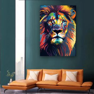 A-166 ציור של אריה צבעוני לסלון או חדר שינה על קנבס או זכוכית מחוסמת
