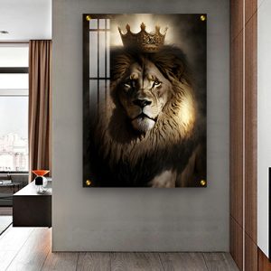 A-167 ציור של אריה עם כתר לסלון או חדר שינה על קנבס או זכוכית