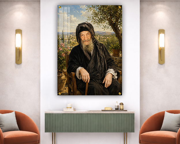 ציור דיוקן של בבא סאלי על נוף ירושלמי
