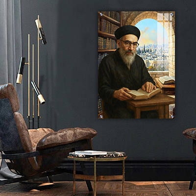 בבא חאקי - רבי יצחק אבוחצירא בציור ריאליסטי עם ספר תורה ונוף ירושלמי