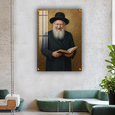 ציור של הרב מתתיהו סלומון מחייך וממחזיק ספר תורה