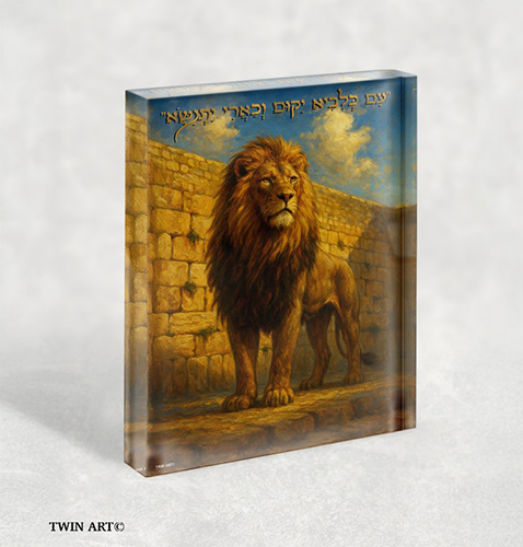 ציור של אריה על רקע הכותל עם הפסוק "עם כלביא יקום וכארי יתנשא" על בלוק זכוכית