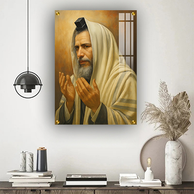 ציור של הרב זמיר כהן מתפלל, עטוף בטלית ותפילין