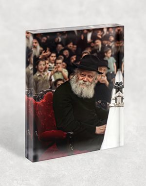 364 – תמונה של הרבי מליובאוויטש מחייך בהתוועדות ויושב על כסא אדום