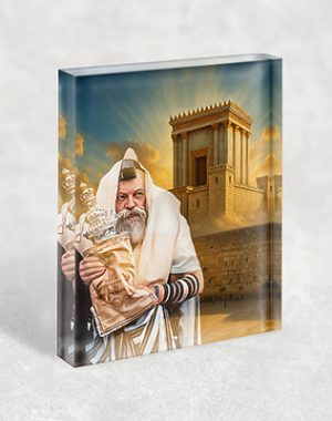 567 – תמונה של הרבי מליובאוויטש מחזיק ספר תורה על רקע הכותל ובית המקדש