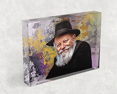 ציור ריאליסטי של הרבי מליובאוויטש מחייך על בלוק אקרילי יוקרתי