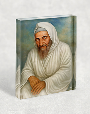 בלוק זכוכית אקרילי עם ציור של בבא סאלי בגלימה לבנה