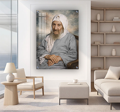 ציור של בבא סאלי יושב על כיסא בעיצוב ריאליסטי